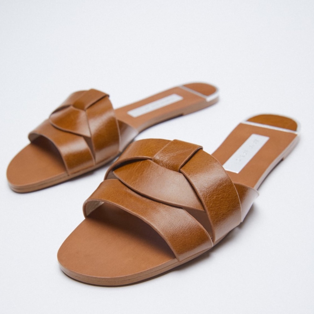 Zara Crossed Leather Slides - Brown